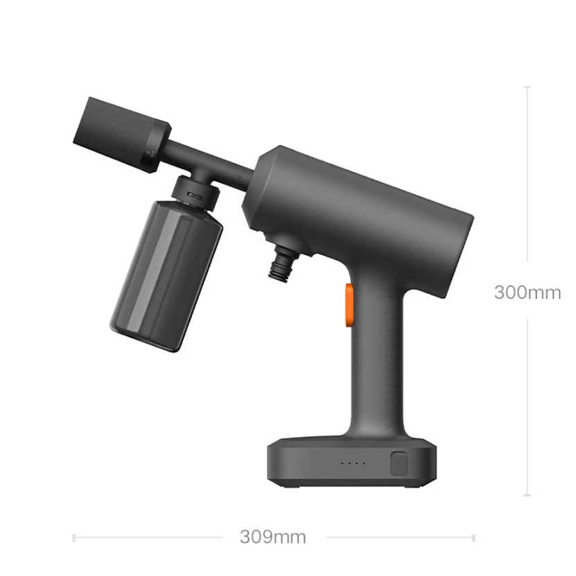 Cordless Car Pressure Washer dimensions: 309 mm long and 300 mm high with foam bottle attached