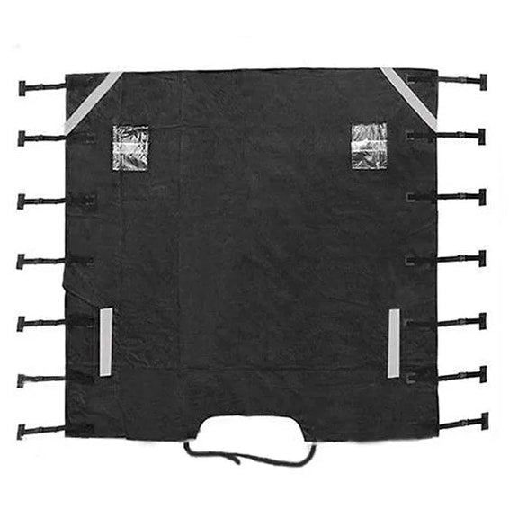 Black Caravan Front Towing Cover laid flat with reflective strips, clear window panels and adjustable side straps
