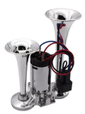 Chrome dual trumpet air horn with compressor and wiring on white background