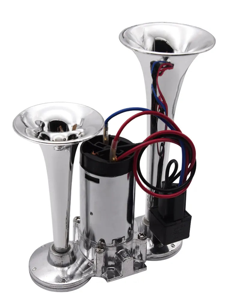 Chrome dual trumpet air horn with compressor and wiring on white background