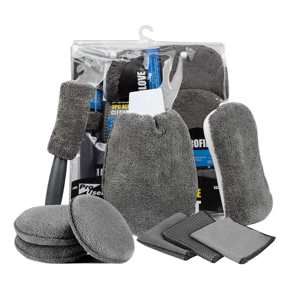 Microfibre car wash kit in a clear storage bag with wash mitt, sponge, wheel brush, applicator pads and cloths