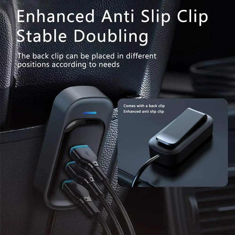 Dual-zone RGB car charger rear USB hub with an anti slip clip mounted on a car centre console