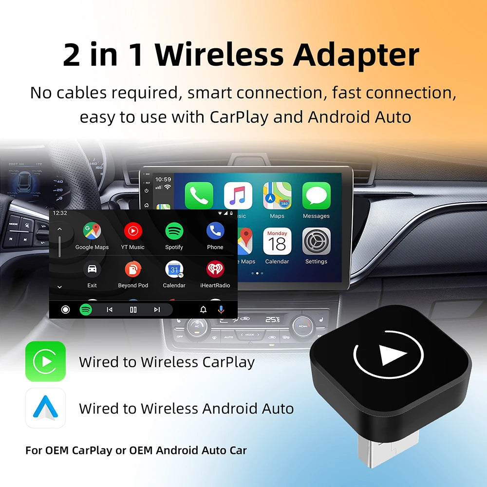 Mini Wireless CarPlay Adapter converting wired CarPlay and Android Auto to wireless on a car infotainment screen