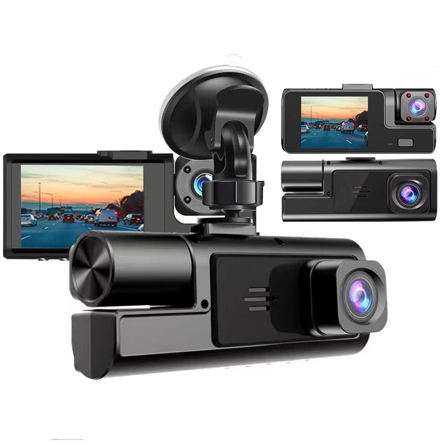 Dual-lens cabin dash cam with suction cup mount and display screen shown from front and side angles