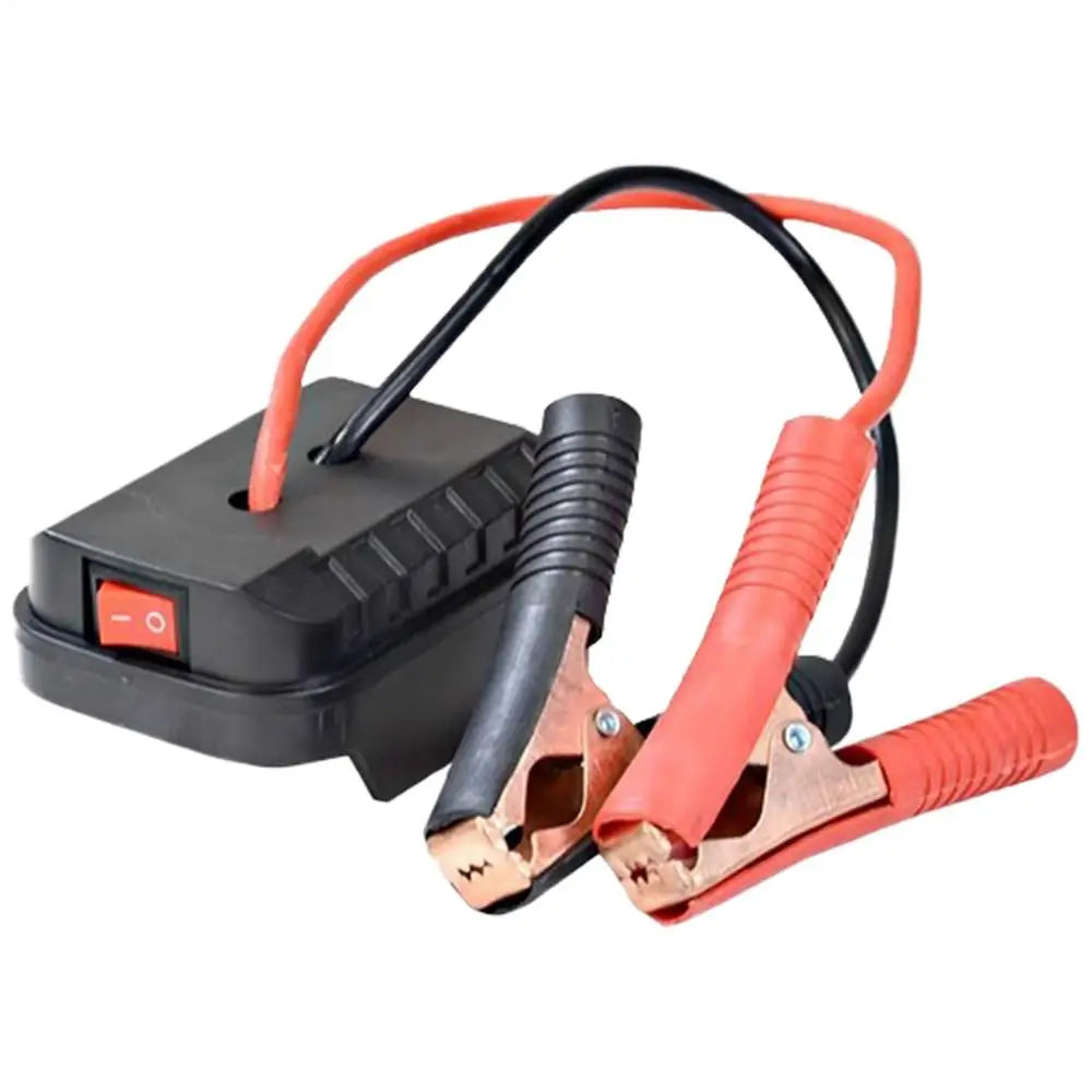 Tool Battery Jump Starter Adapter with on/off switch and red and black copper battery clamps on white background