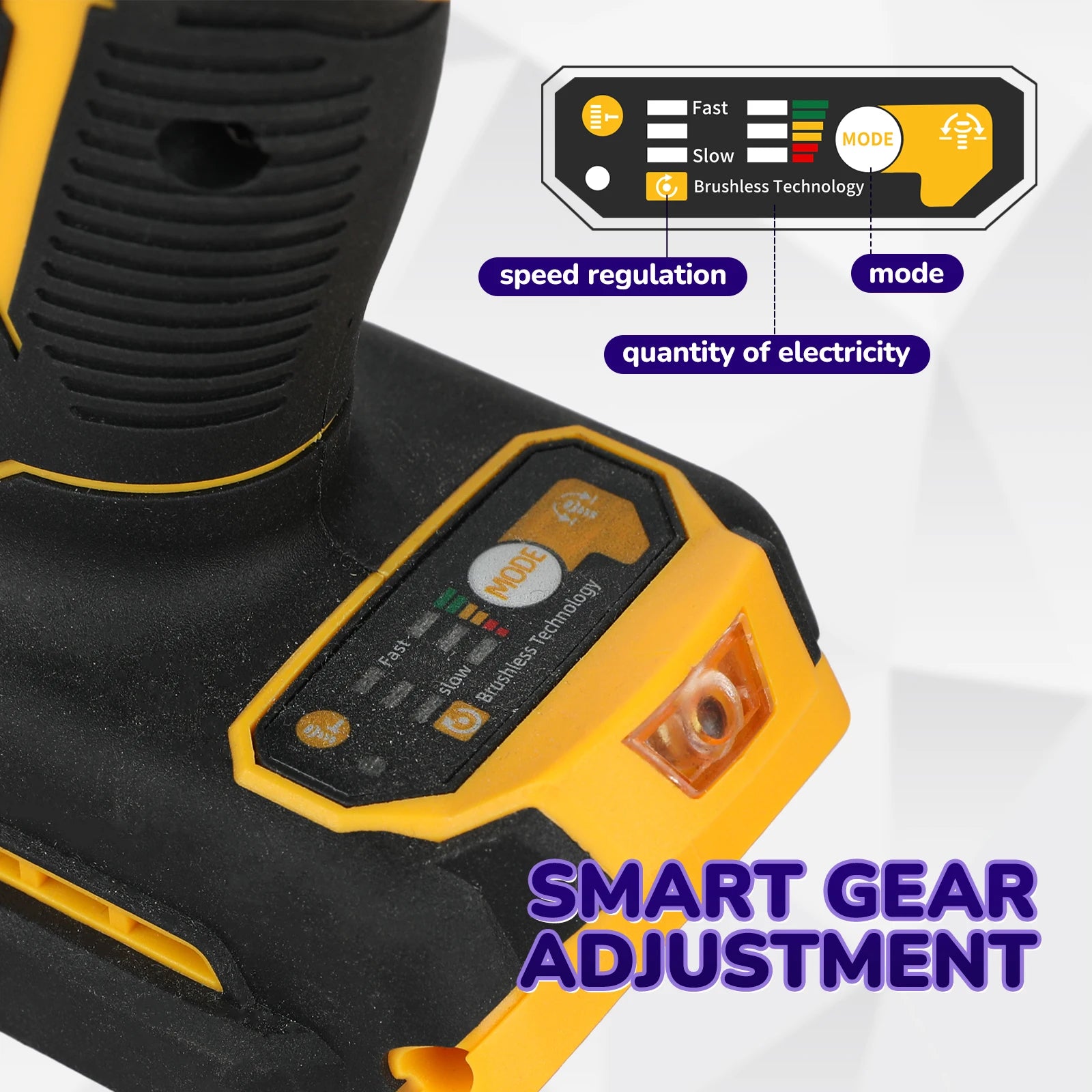 Close-up of the Cordless Impact Wrench smart gear adjustment dial and mode control panel on the battery base.