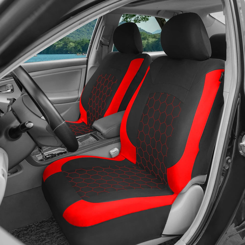 Red Football Embroidery Seat Covers fitted to a car's front seat