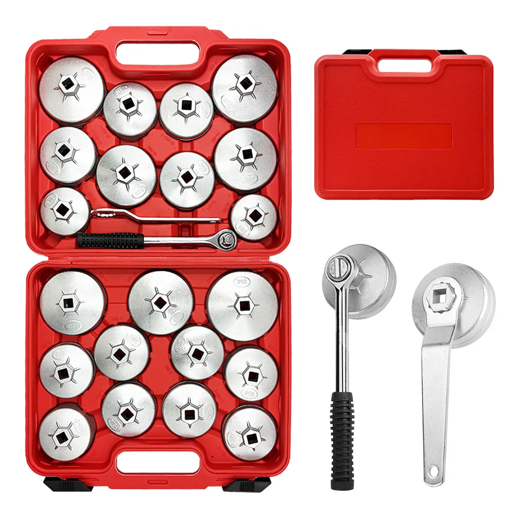 Oil Filter Wrench Kit displayed open in a red case with 23 cup sockets, ratchet handle and adjustable wrench