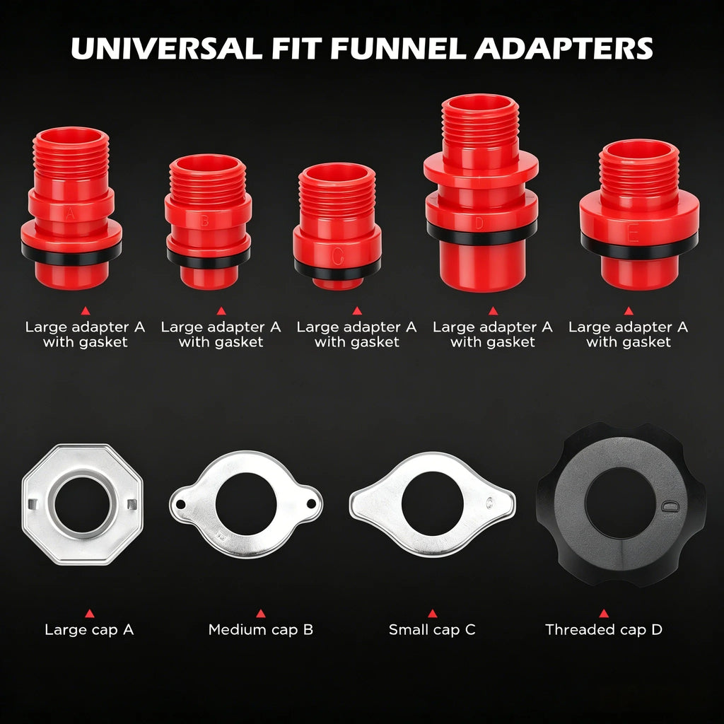 No-spill coolant funnel kit universal radiator adapters and caps in large, medium, small and threaded sizes