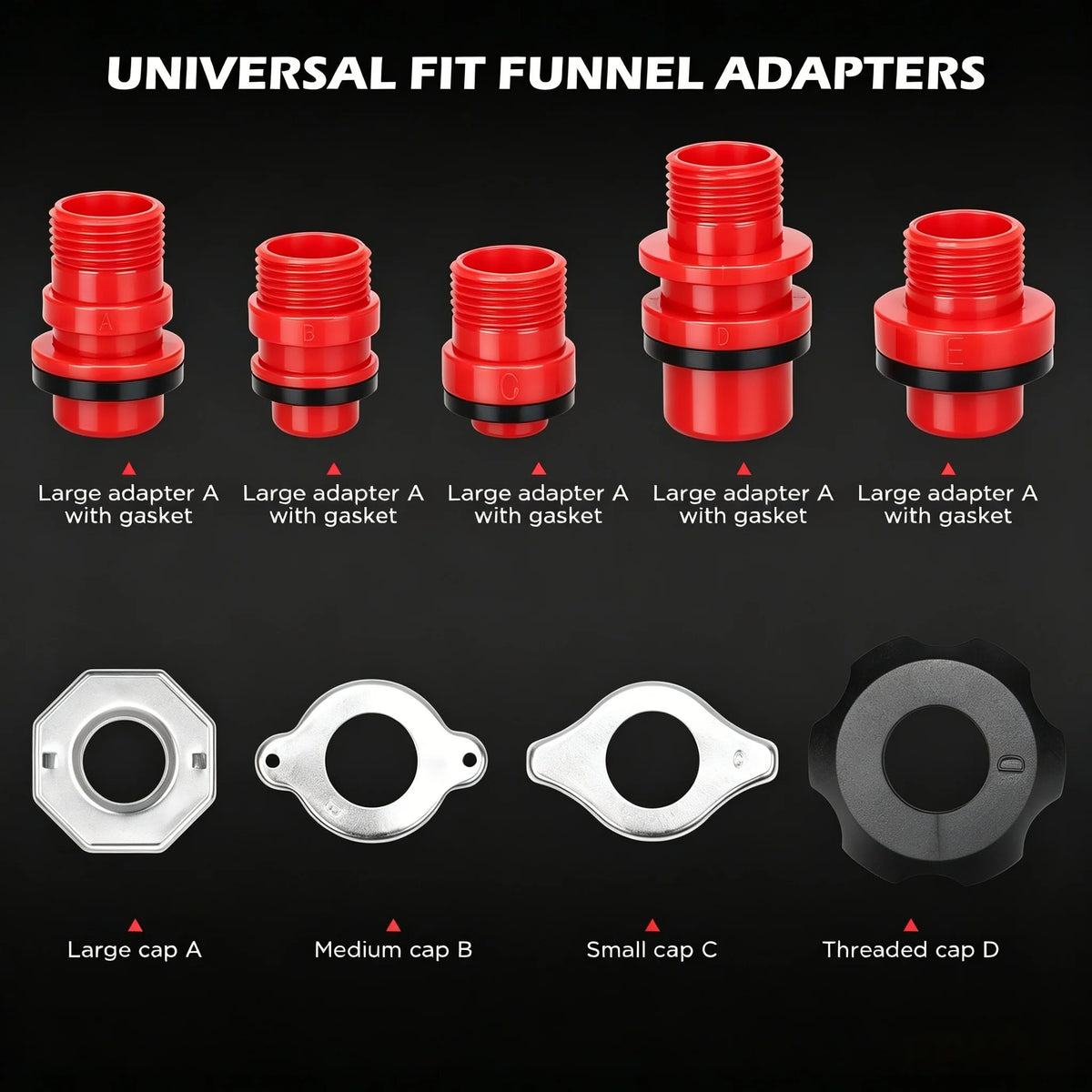 No-spill coolant funnel kit universal radiator adapters and caps in large, medium, small and threaded sizes