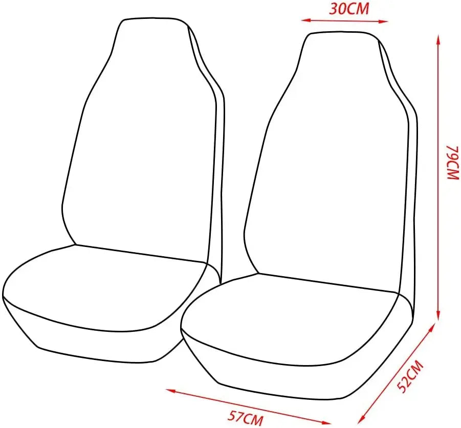 Line-drawing diagram of the front bucket seat cover showing its width, depth and height measurements
