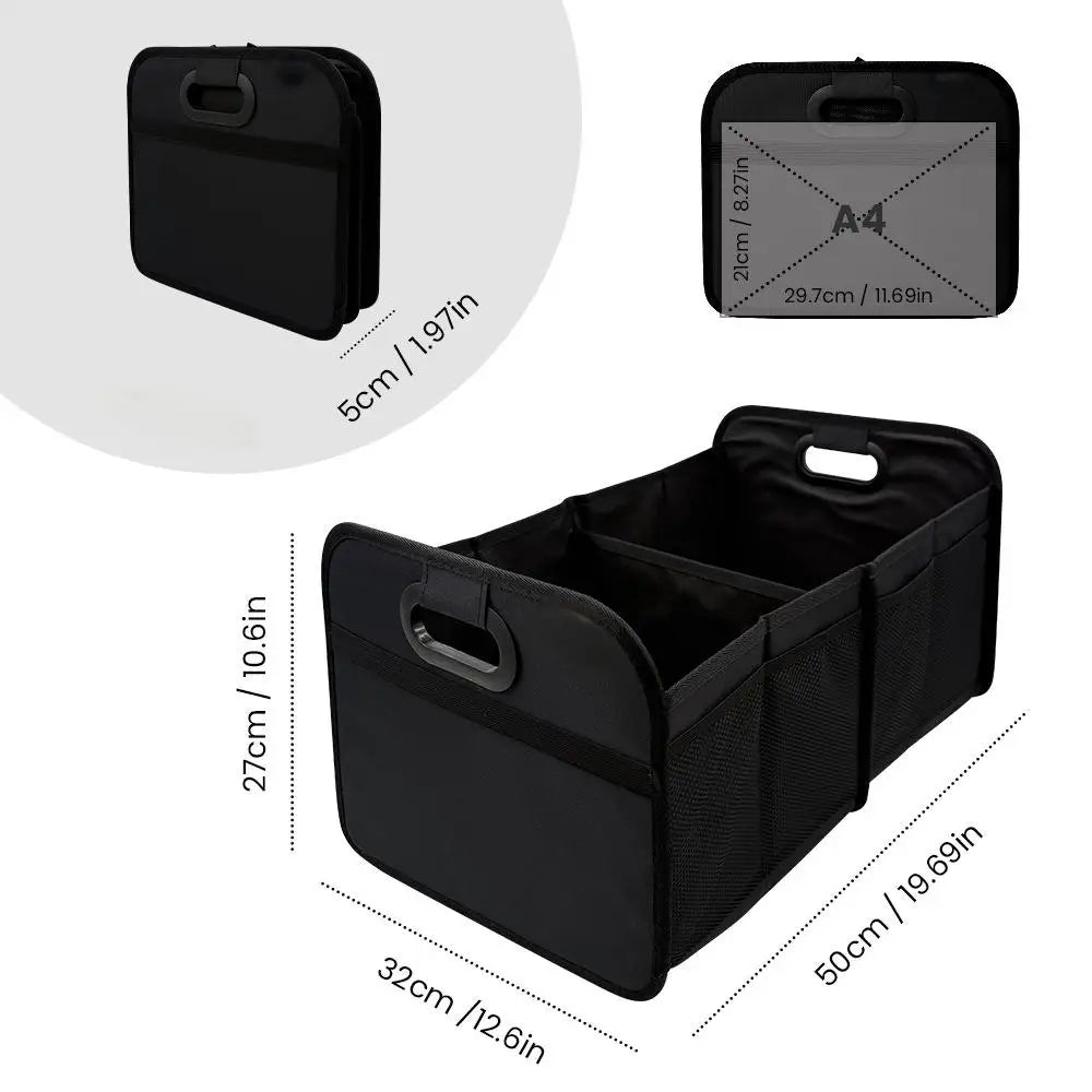 Foldable Car Boot Organiser folded flat size compared to A4 paper dimensions, showing compact 5cm storage profile