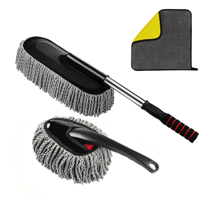 Telescopic Car Wax Mop Kit showing the microfibre mop head, hand duster and cleaning cloth on a white background