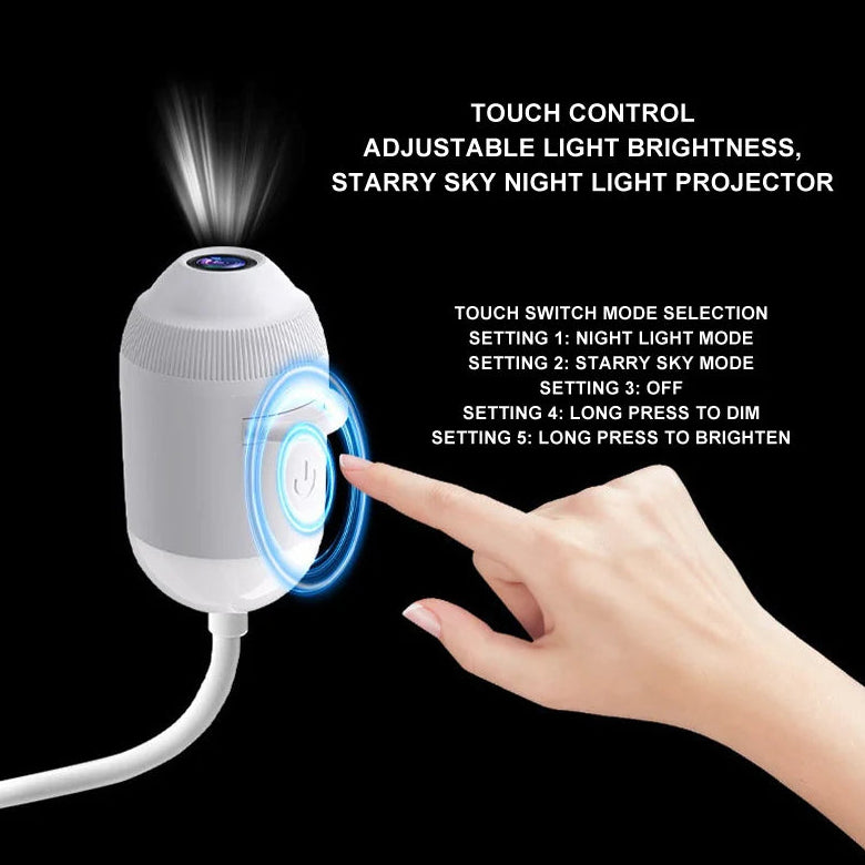 Touch control panel on the Galaxy Star Projector showing night light, starry sky and brightness adjustment settings