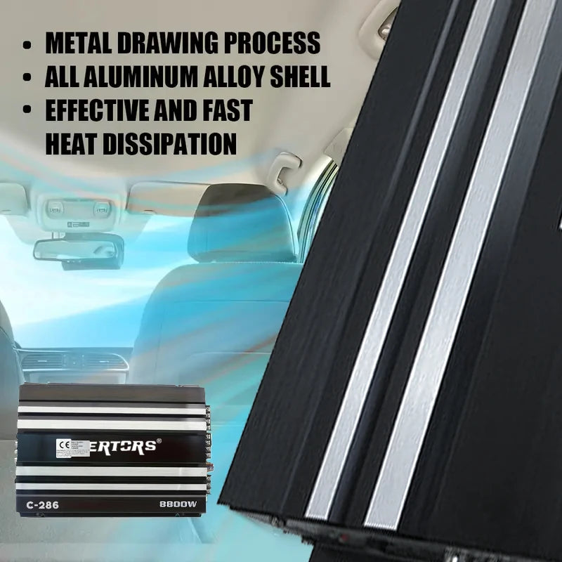 4-Channel Car Amplifier with an all-aluminium alloy shell for effective heat dissipation, shown mounted in a vehicle interior