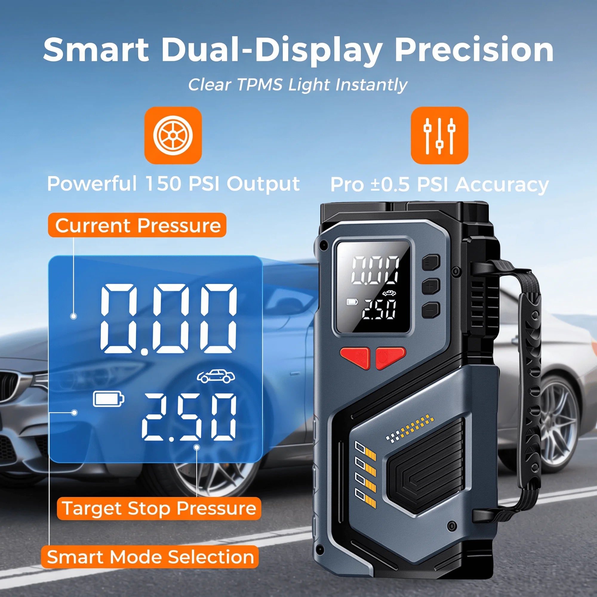 Close-up of the Cordless Tyre Inflator's smart dual display showing current tyre pressure and target stop pressure with plus or minus 0.5 PSI accuracy.