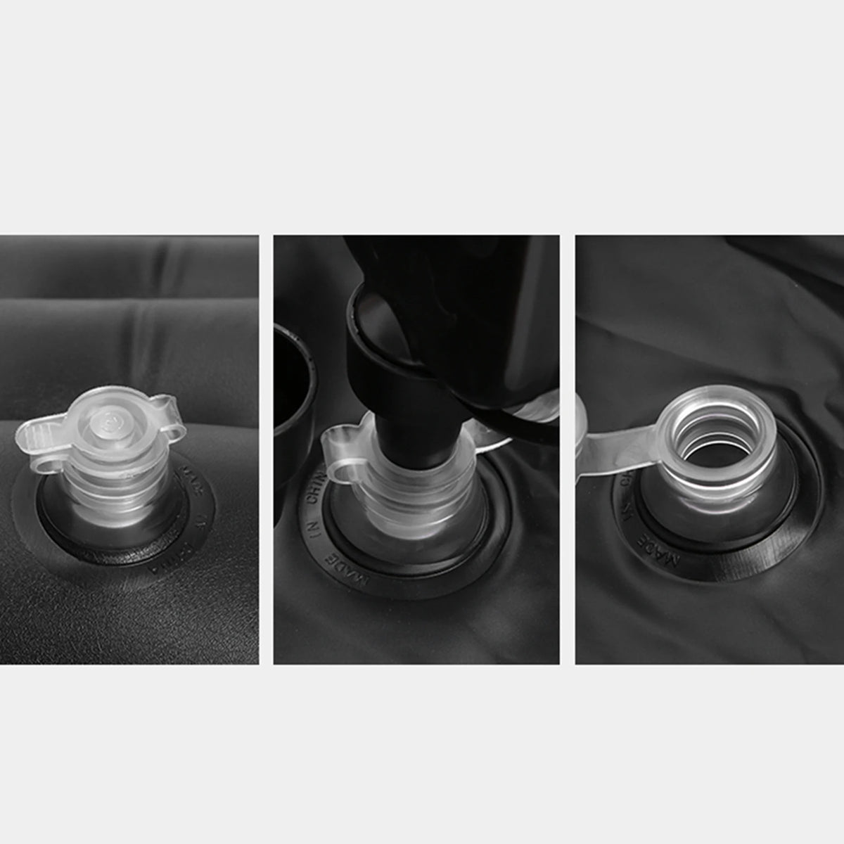 Close-up of the back-seat car air mattress air valve showing cap, pump nozzle inserted and open valve