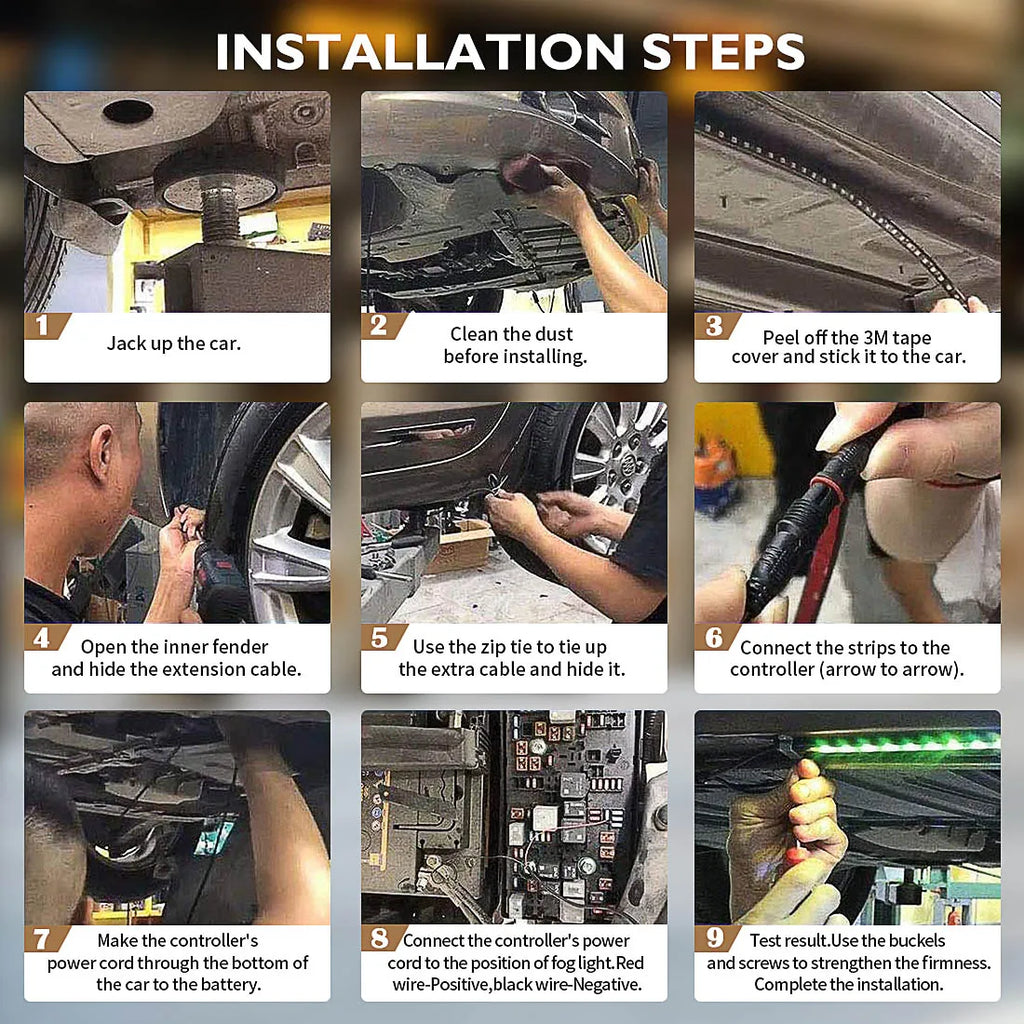 Nine-step installation guide for fitting the RGB Underglow Light Kit strips and controller to a car