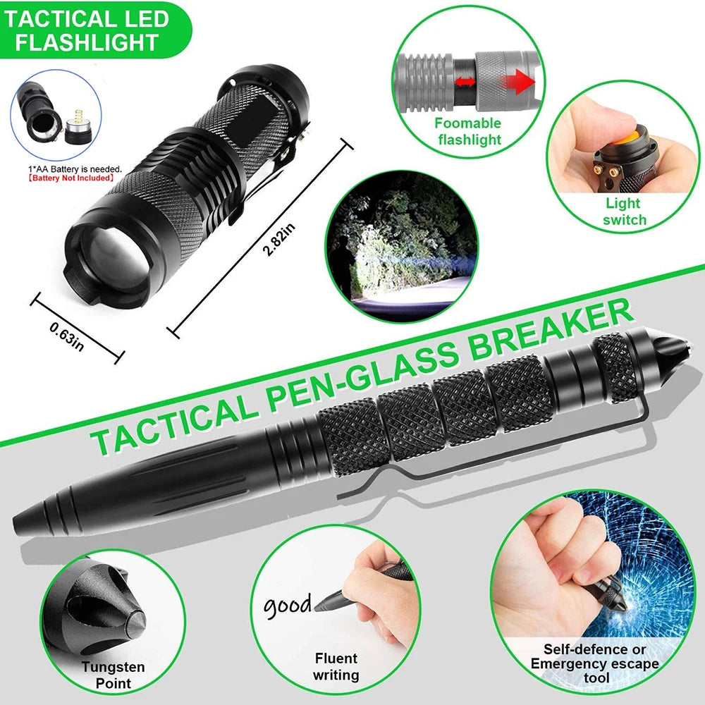 Vehicle Survival Tool Kit zoomable LED torch and tactical pen with tungsten-tip glass breaker for emergency car window escape