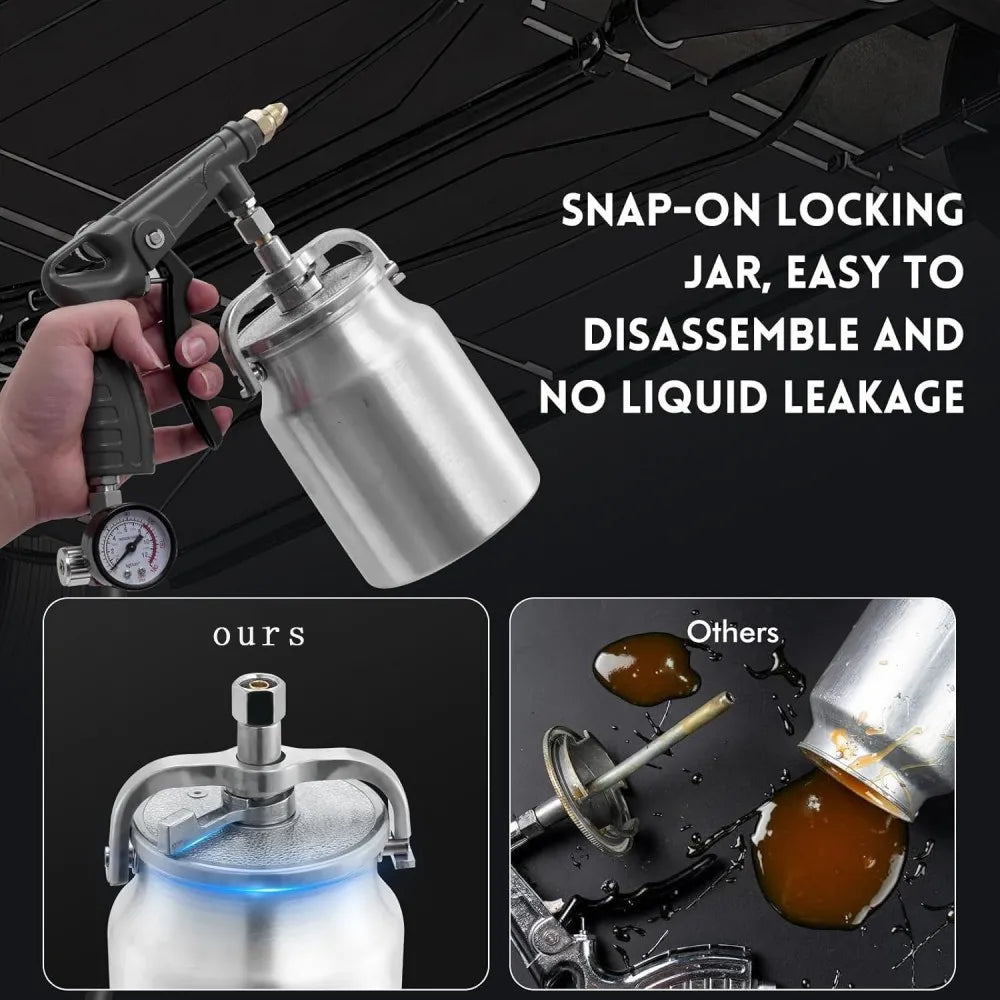 Close-up of the Chassis Armor Spray Gun's snap-on locking canister lid shown leak-free next to a leaking competitor gun
