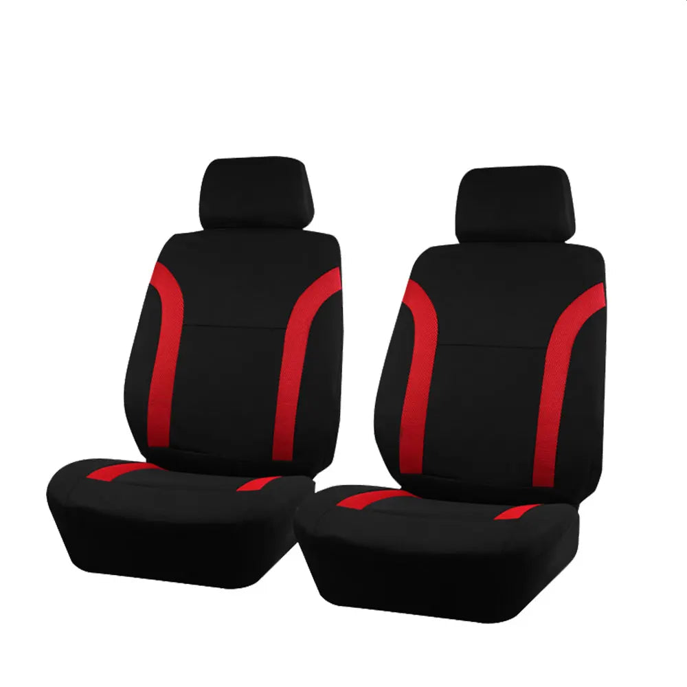 Black and red trim Breathable Mesh Seat Cover front pair only shown on white background with matching headrest covers