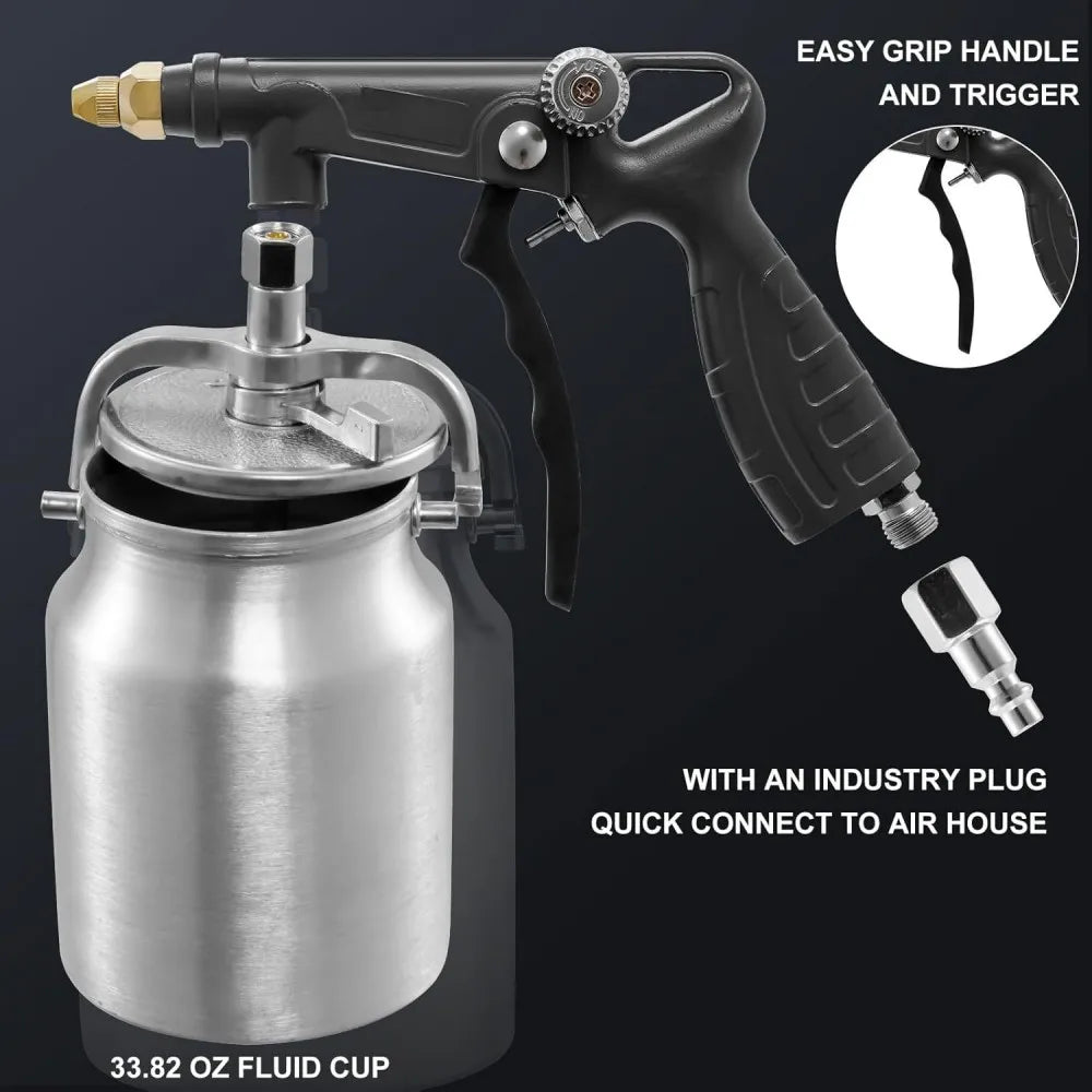 Close-up of the Chassis Armor Spray Gun's ergonomic grip handle, trigger, fluid cup and quick-connect air hose fitting