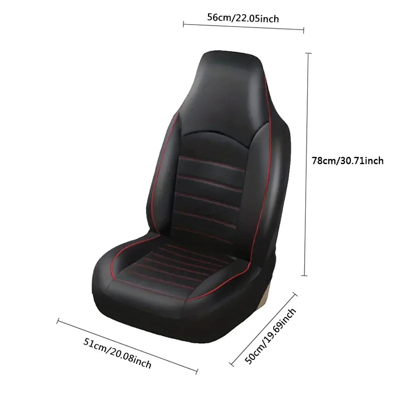Leather-Style Seat Cover single seat dimension diagram with width and height measurements in centimetres and inches