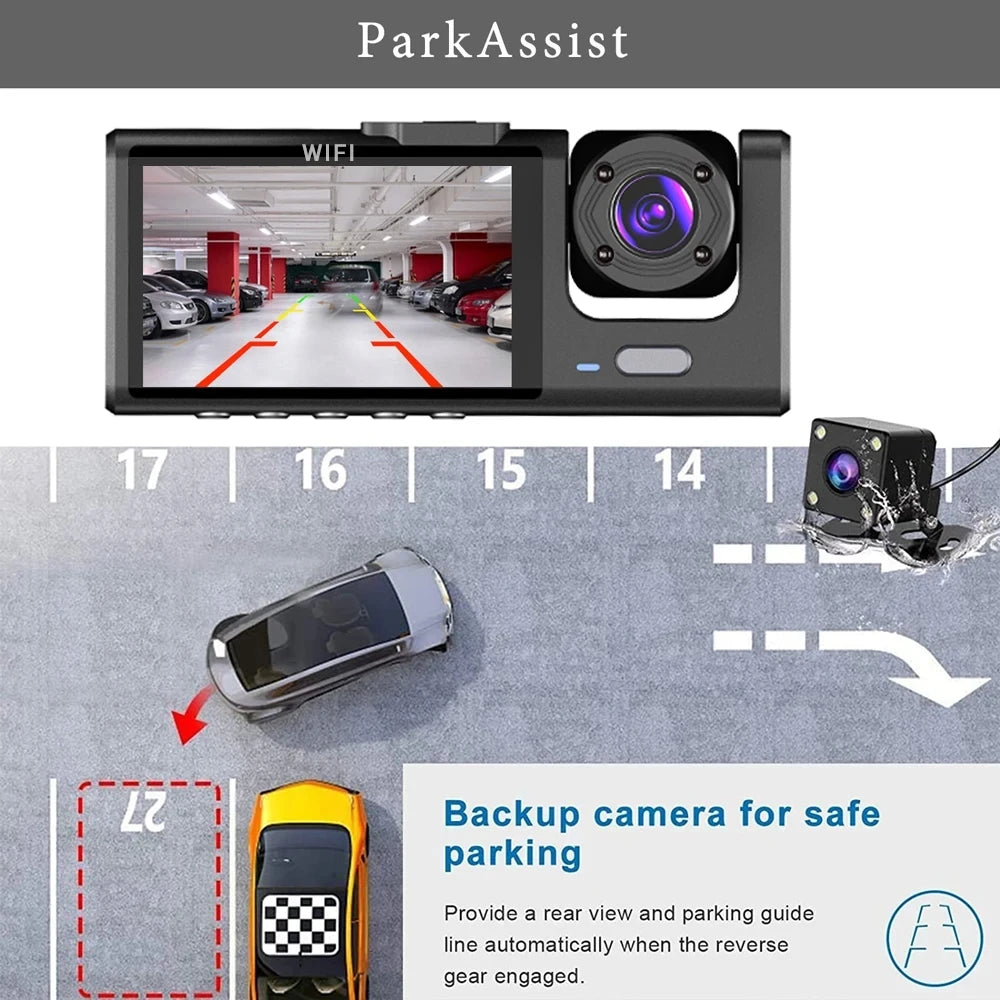 WiFi 3-Lens Dash Cam park assist rear view showing reverse camera guide lines for safe parking