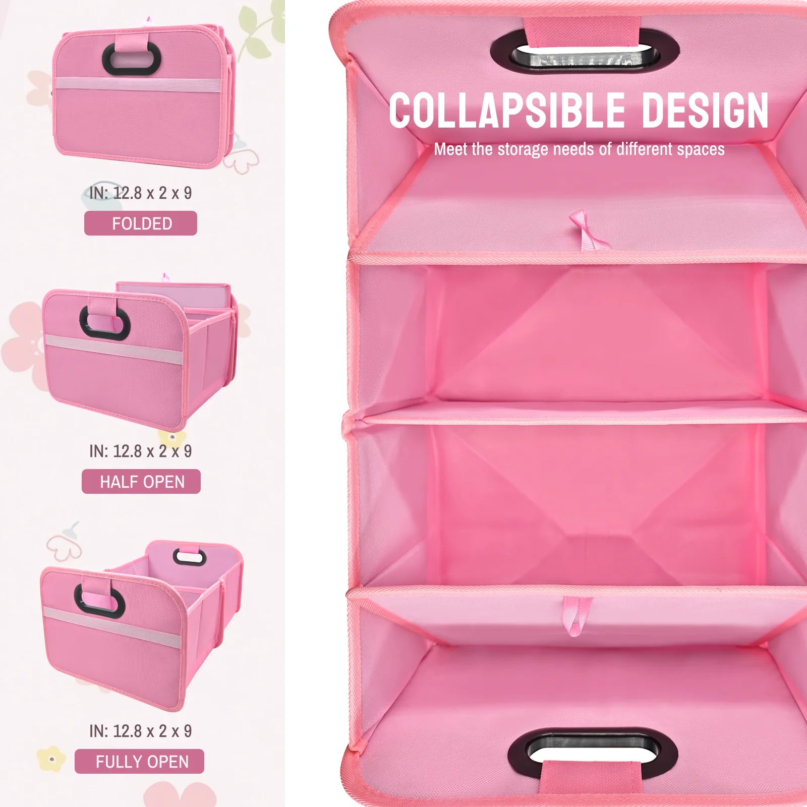 Pink foldable storage box collapsible design shown folded, half open and fully open to meet different storage needs