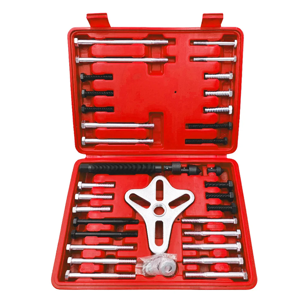 Harmonic Balancer Puller kit displayed open in a red case with jaw plate, bolts, threaded rods and pins