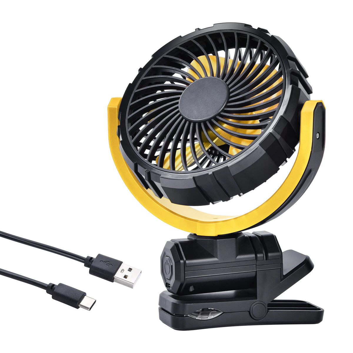 Cordless Clamp Cooling Fan yellow and black variant product shot with USB-C charging cable and folding clamp base on a white background