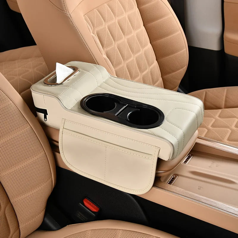 Multi-Function Car Armrest Organiser in cream leather, fitted onto a car centre console with cup holders