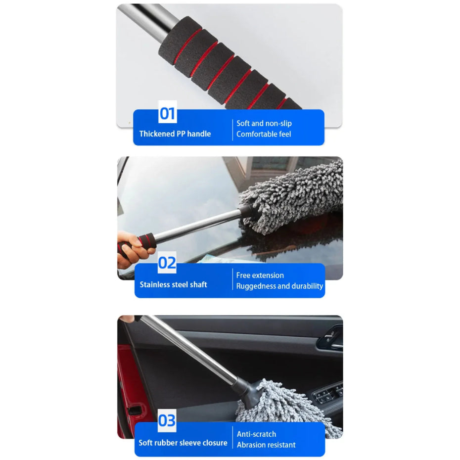 Twin Microfibre Detail Duster features showing non-slip foam handle, extendable stainless steel shaft and soft rubber sleeve cleaning a car interior