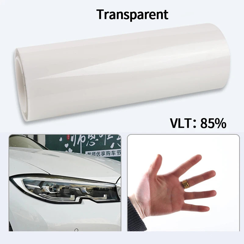 Roll of headlight PPF wrap film in Clear Protection Transparent, rated VLT 85 percent, shown on a white background with a hand-applied swatch on a headlight.