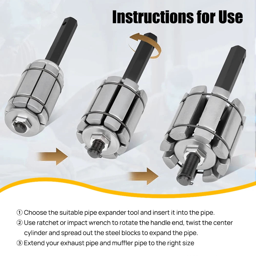 Instructions for using the Exhaust Pipe Expander Set showing the three expander tool sizes and step-by-step operation