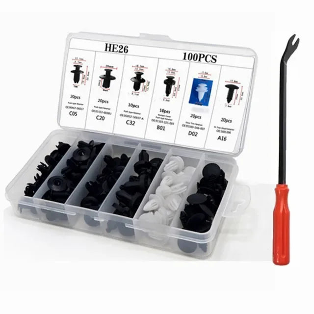 HE26 100 piece car fastener retainer clip kit closed storage case with red pick tool