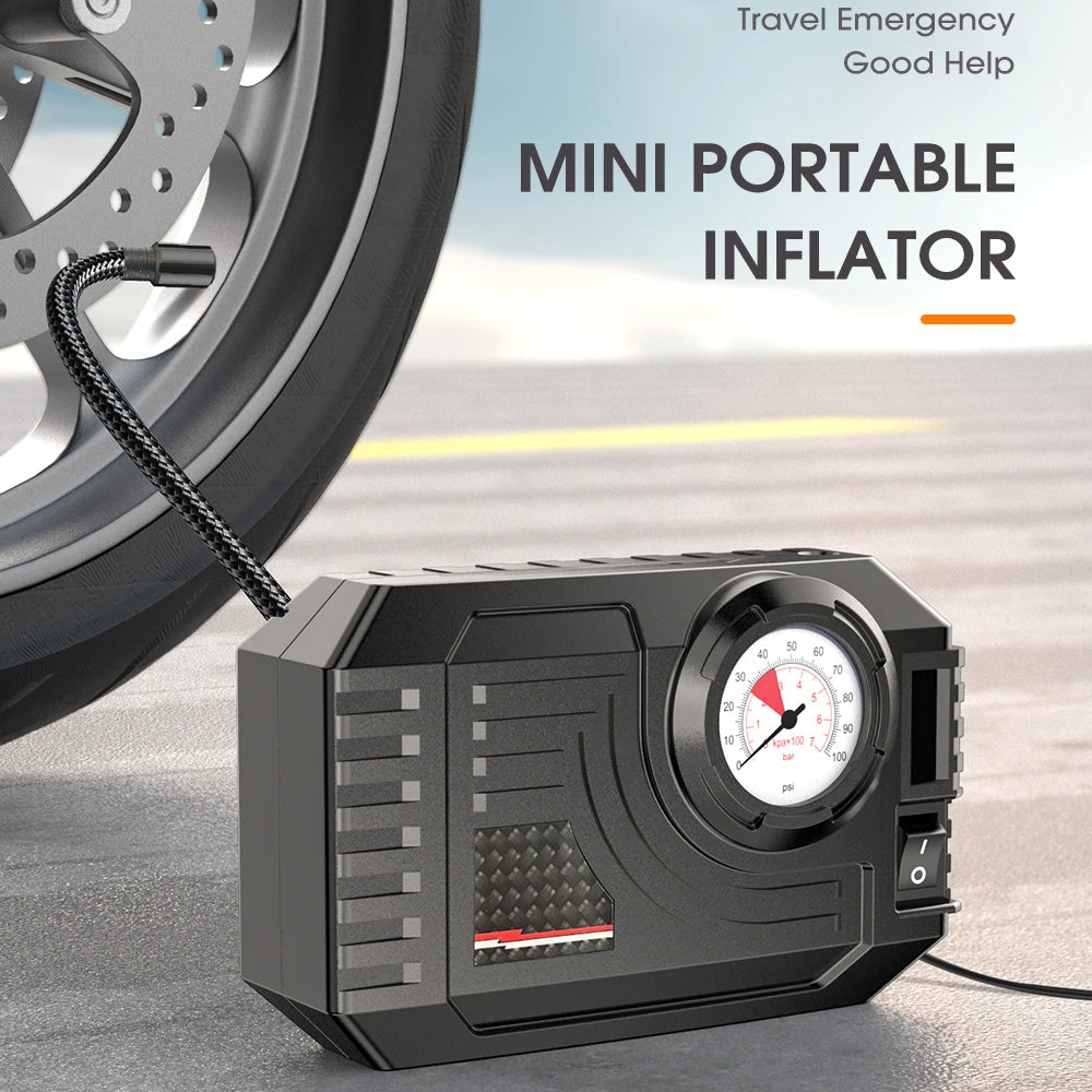Mini Portable Tyre Inflator sitting beside a motorcycle wheel on a road, ideal for travel emergency tyre inflation.