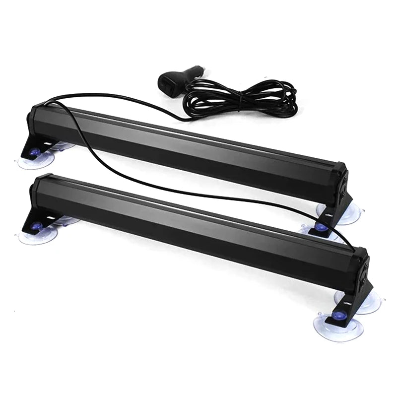 Pair of black LED Bumper Strobe Light Strip bars on angled suction cup brackets with a cigarette lighter power cable