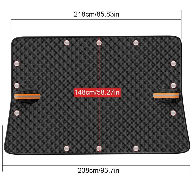 Magnetic Windshield Snow Cover dimensions diagram showing 218cm width and 148cm centre length on white background