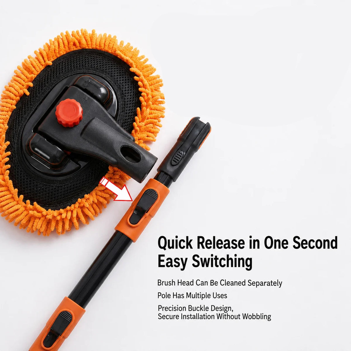 Close-up of the Hose-Fed Telescopic Wash Mop's quick-release brush head and locking knob mechanism