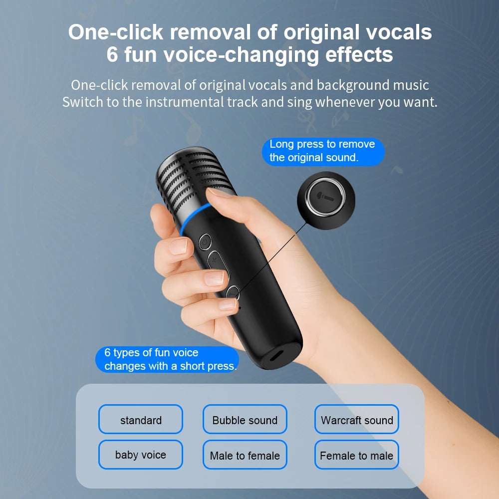 Wireless car karaoke microphone with one-click vocal removal and six voice-changing effects including baby voice, bubble sound and male to female