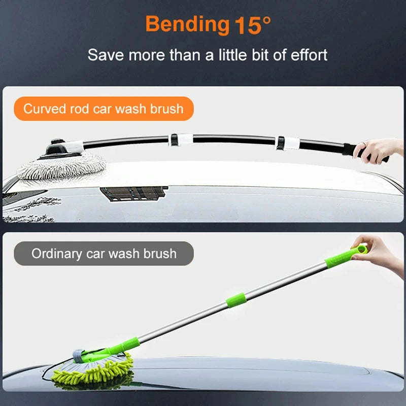 Heavy-Duty Telescopic Car Wash Mop curved rod design bending 15 degrees for easier reach compared to an ordinary straight car wash brush