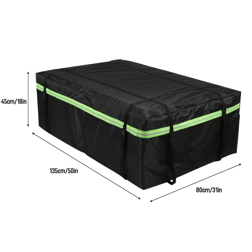 Black waterproof roof cargo bag with reflective green stripe and dimension labels of 135cm length, 80cm width and 45cm height