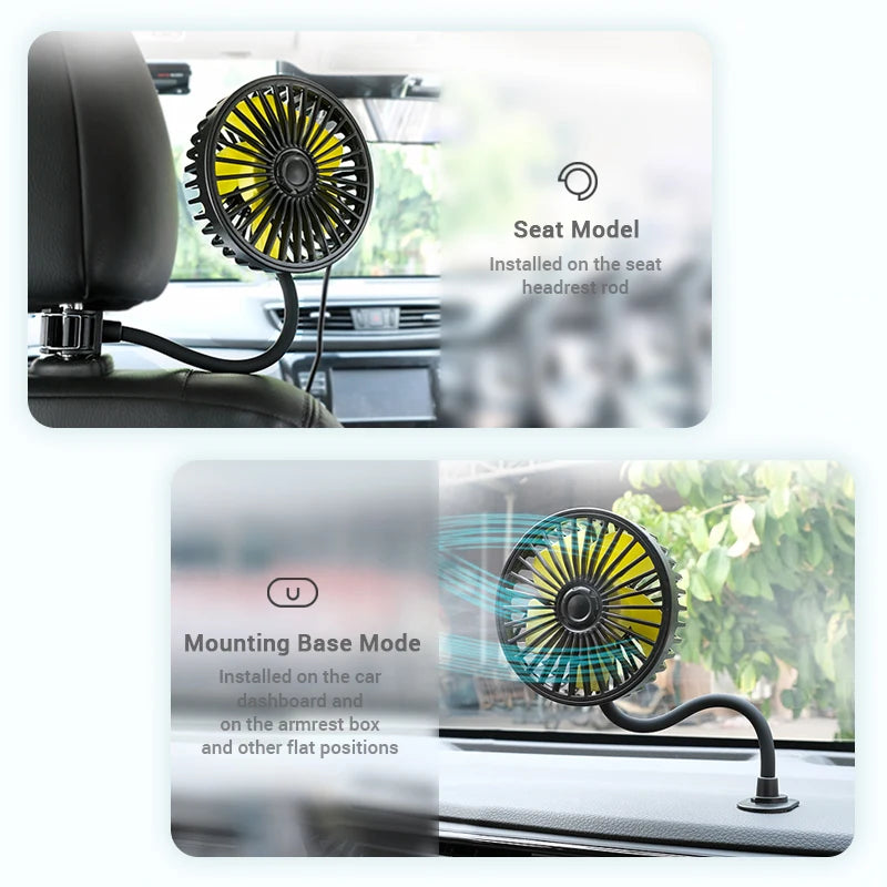Rear Seat Car Fan shown in headrest-mounted mode and dashboard base-mounted mode inside a car