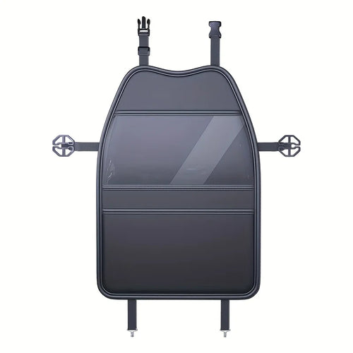 Black car seat back organiser with a clear tablet holder pocket and mesh storage pockets, front view