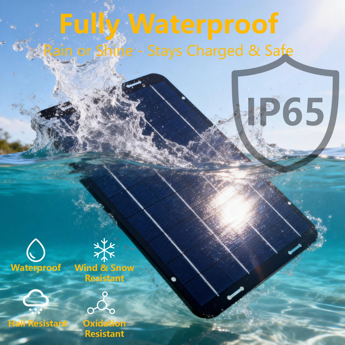 Solar battery maintainer panel splashed with water, showing IP65 waterproof rating