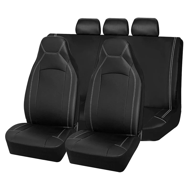 Leather Bucket Seat Covers Full Set front pair and rear bench cover in black PU leather with white stitching