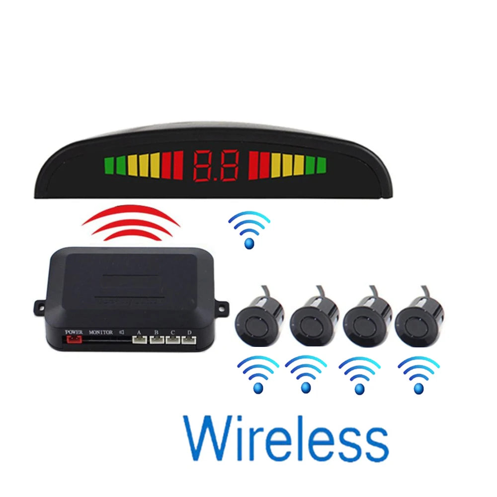 Wireless parking sensor kit showing wireless signal transmission from sensors and control box to the LED display