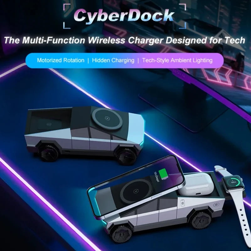 Magnetic Wireless Car Charger CyberDock branded lifestyle image charging a phone, earbuds and smartwatch simultaneously