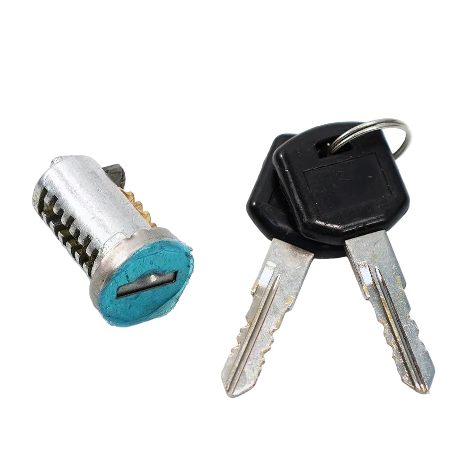 3-Point Caravan Door Lock barrel with teal end cap and two black-handled keys, close-up on a light blue gradient background.